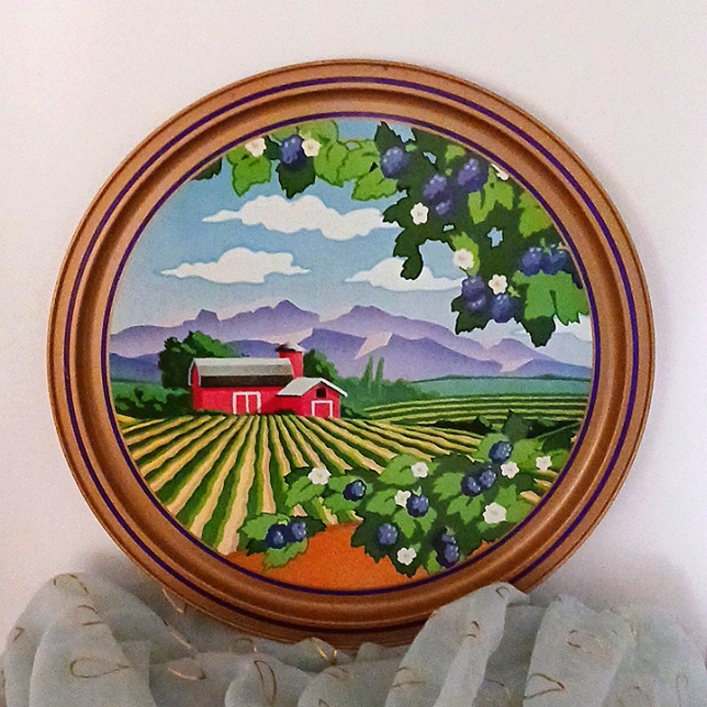 SERVING TRAY WITH FARM SCENE AND LAVENDER MOUNTAINS * 12" ROUND WITH BRASS TRIM